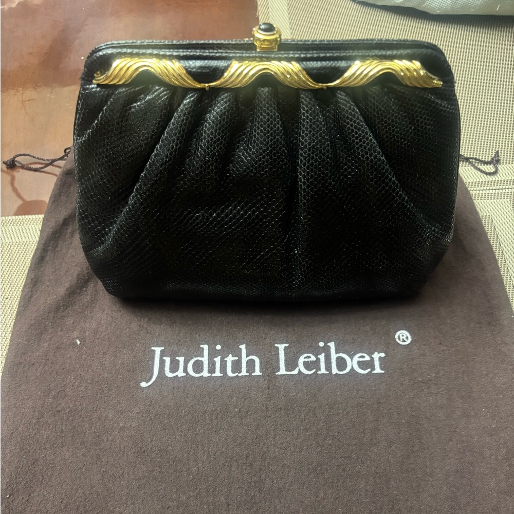 Judith Leiber Black Textured Evening Clutch with Gold Trim